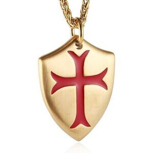 Gold Red Knights Cross Joshua 1:9 Shield Pendant Necklace w 22+2 inch Chain